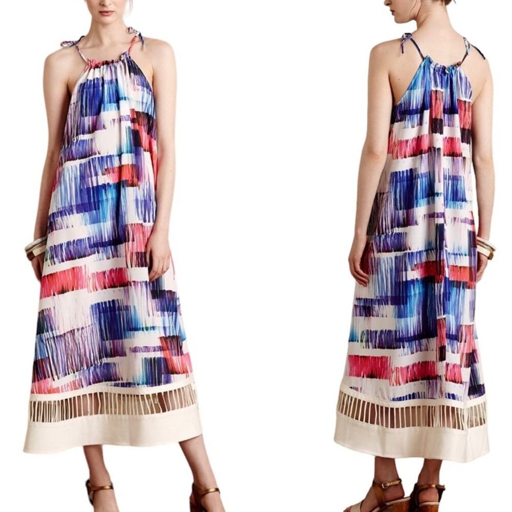 Sachin & Babi Maxi Dress Tie Halter Neck Blue Watercolor Print
